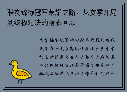 联赛锦标冠军荣耀之路：从赛季开局到终极对决的精彩回顾