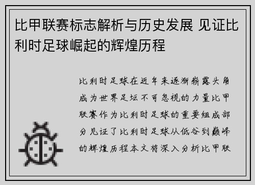 比甲联赛标志解析与历史发展 见证比利时足球崛起的辉煌历程