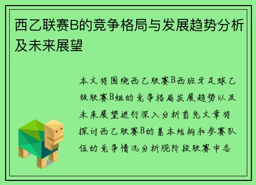 西乙联赛B的竞争格局与发展趋势分析及未来展望