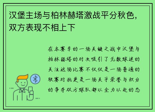 汉堡主场与柏林赫塔激战平分秋色，双方表现不相上下